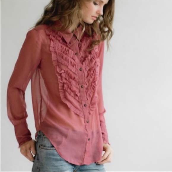 Free People Tops - FREE PEOPLE Sheer Raspberry Ruffle Tuxedo Blouse